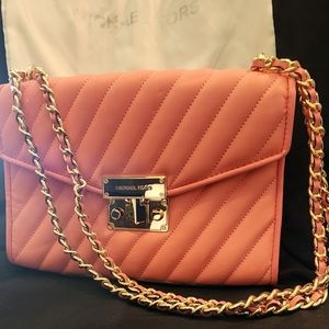 Michael Kors Rose MD  Vegan Faux Leather Flap Bag In Grapefruit